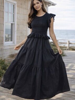 Sophie The Label Black Boho Maxi Dress Crochet Open Back Tiered Large Flowy